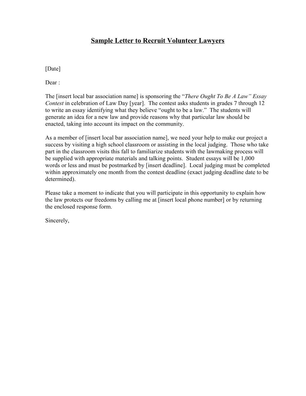 Sample Letter To Recruit Volunteer Lawyers