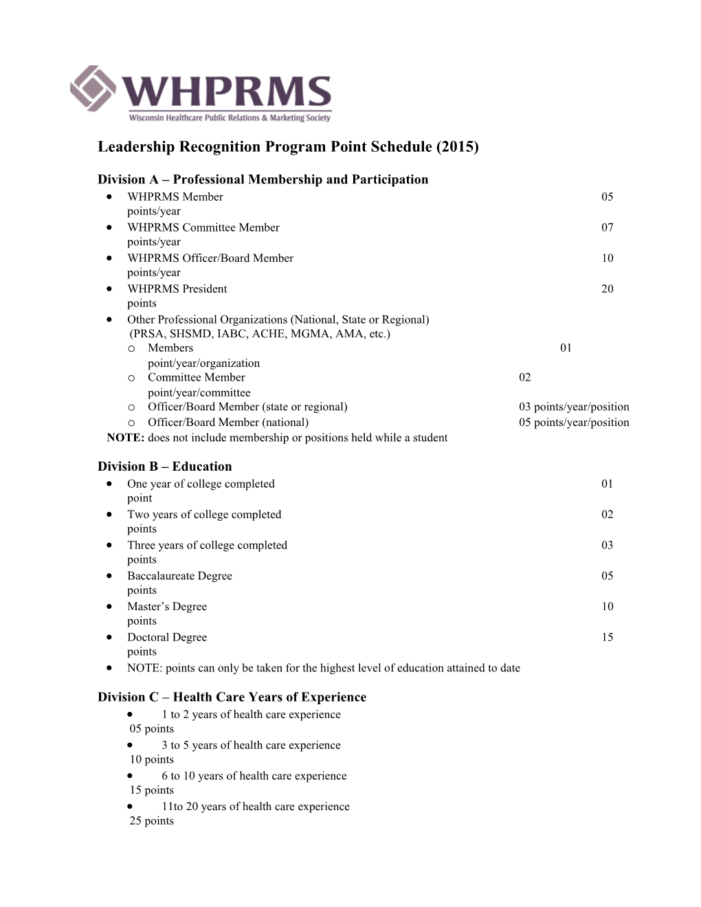 Leadership Recognition Program Point Schedule