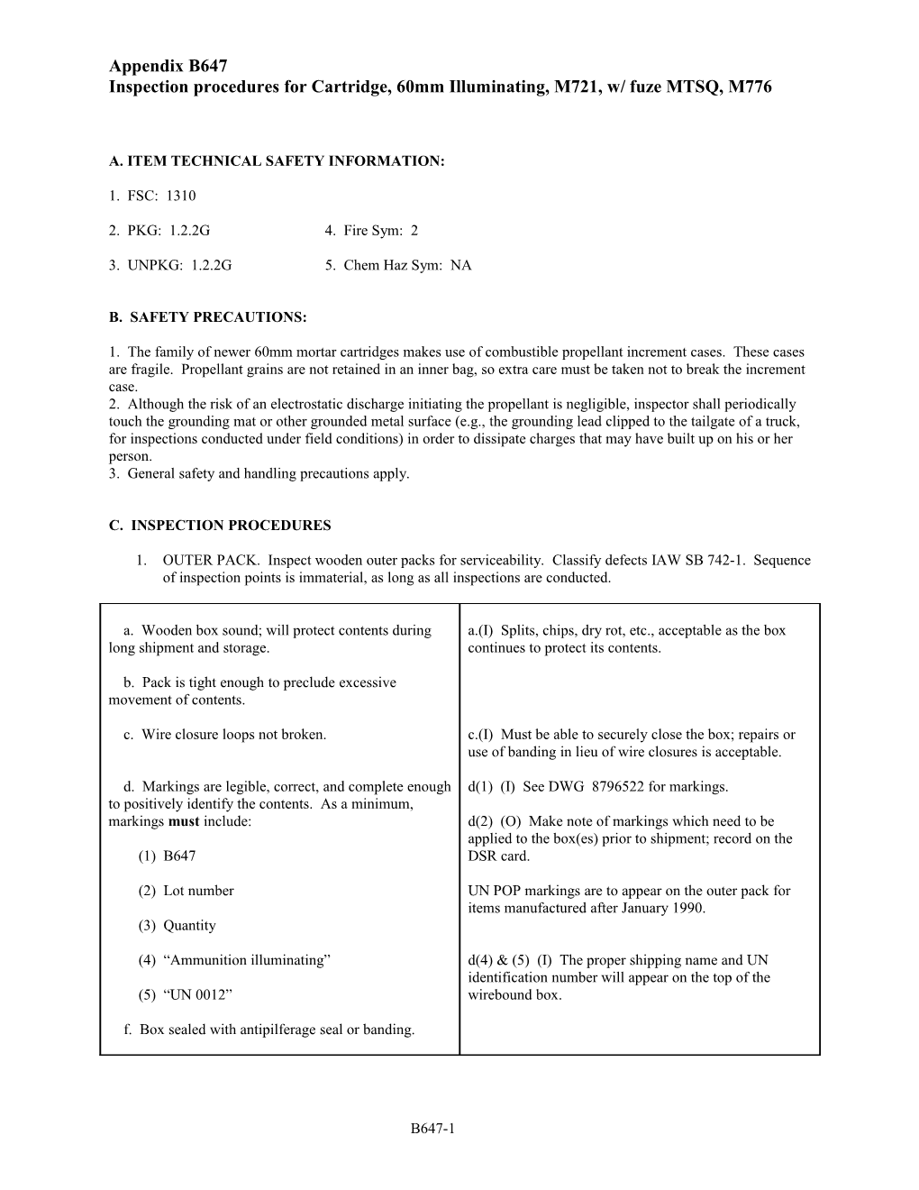 B647 - Inspection Procedures for 60Mm, Illuminating, M72, W - Fuze MTSQ, M776