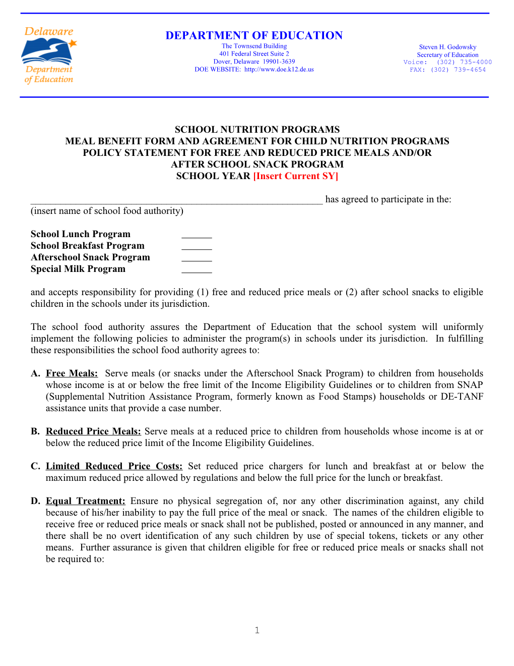 Meal Benefit Form and Agreement for School Nutrition Programs