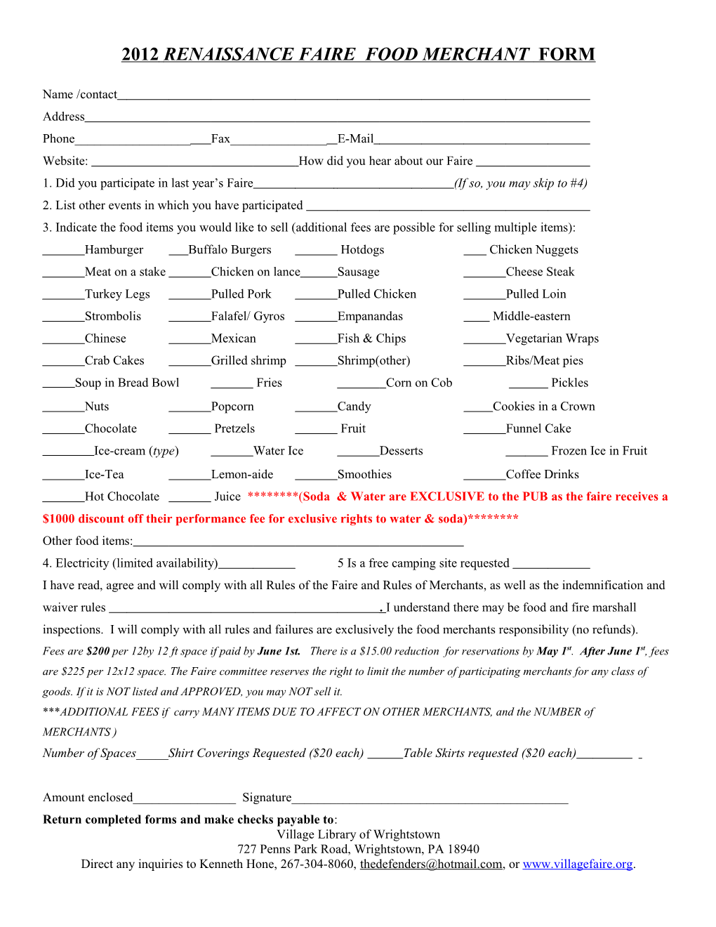 2008 Renaissance Faire Food Merchant Form