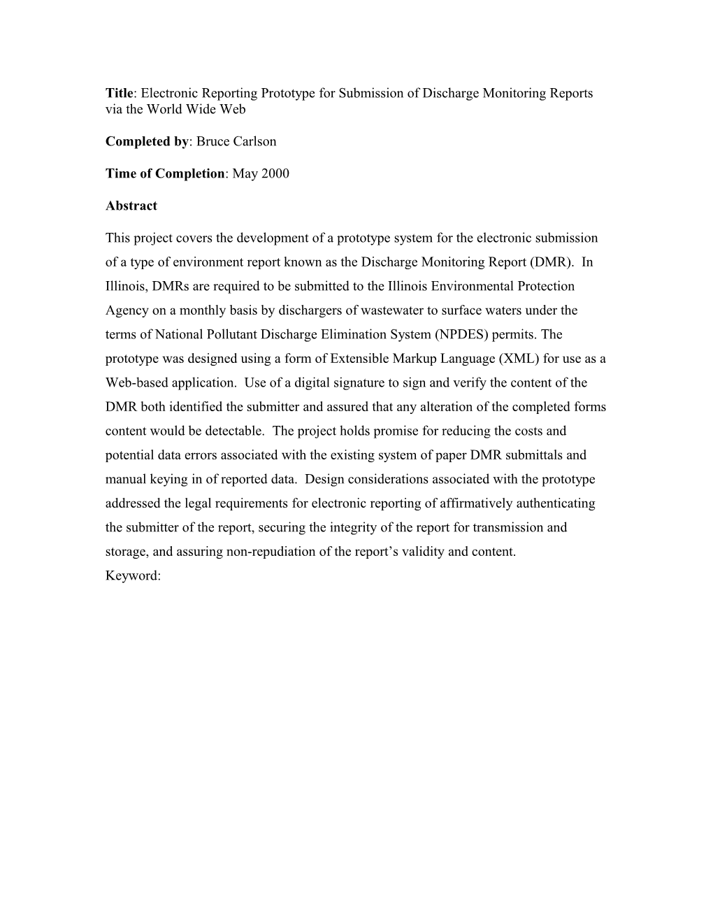 Title: Electronic Reporting Prototype for Submission of Discharge Monitoring Reports Via