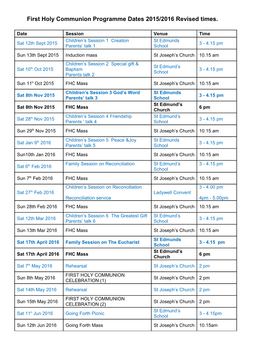 First Holy Communion Programme Dates 2013/2014