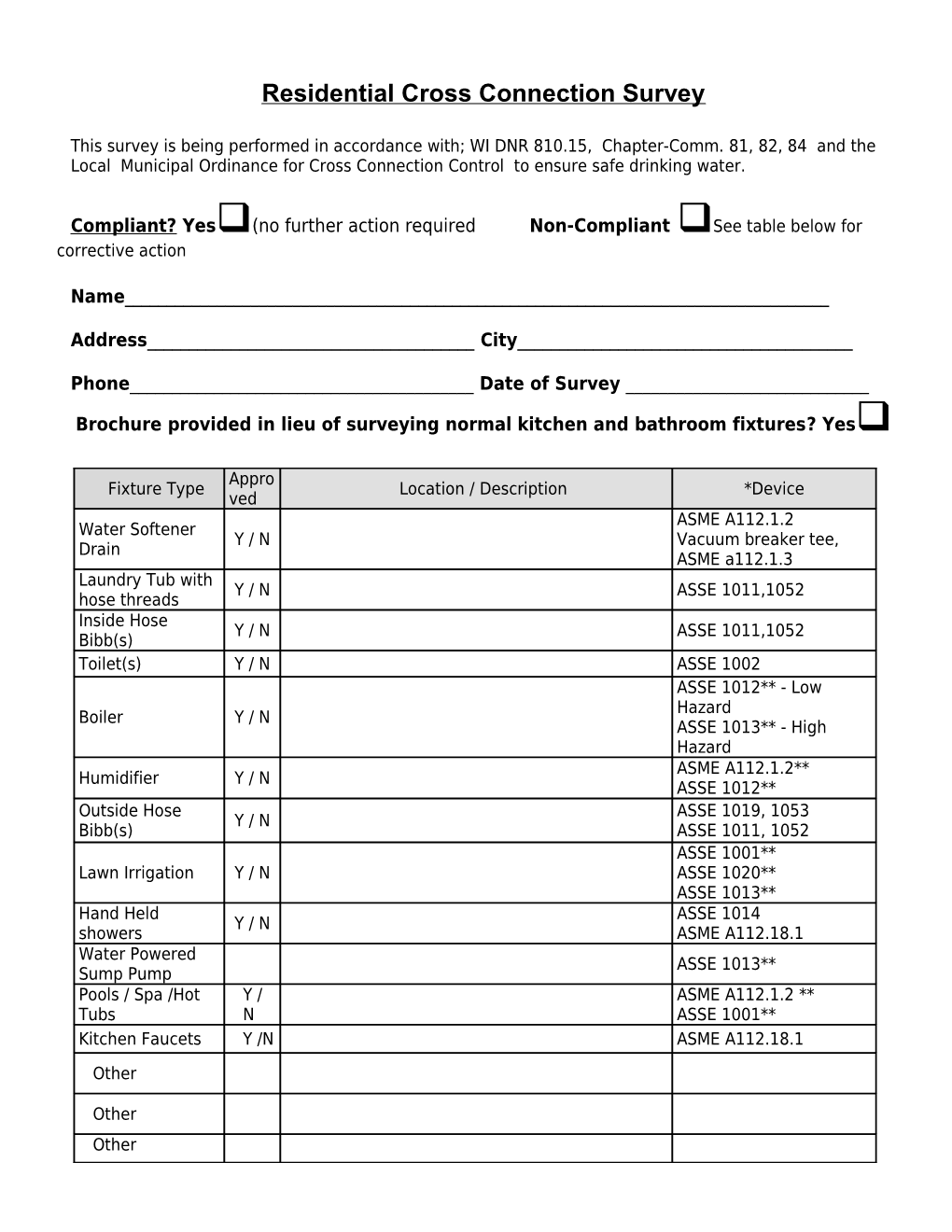 Residential Cross Connection Survey Form (A1256726)