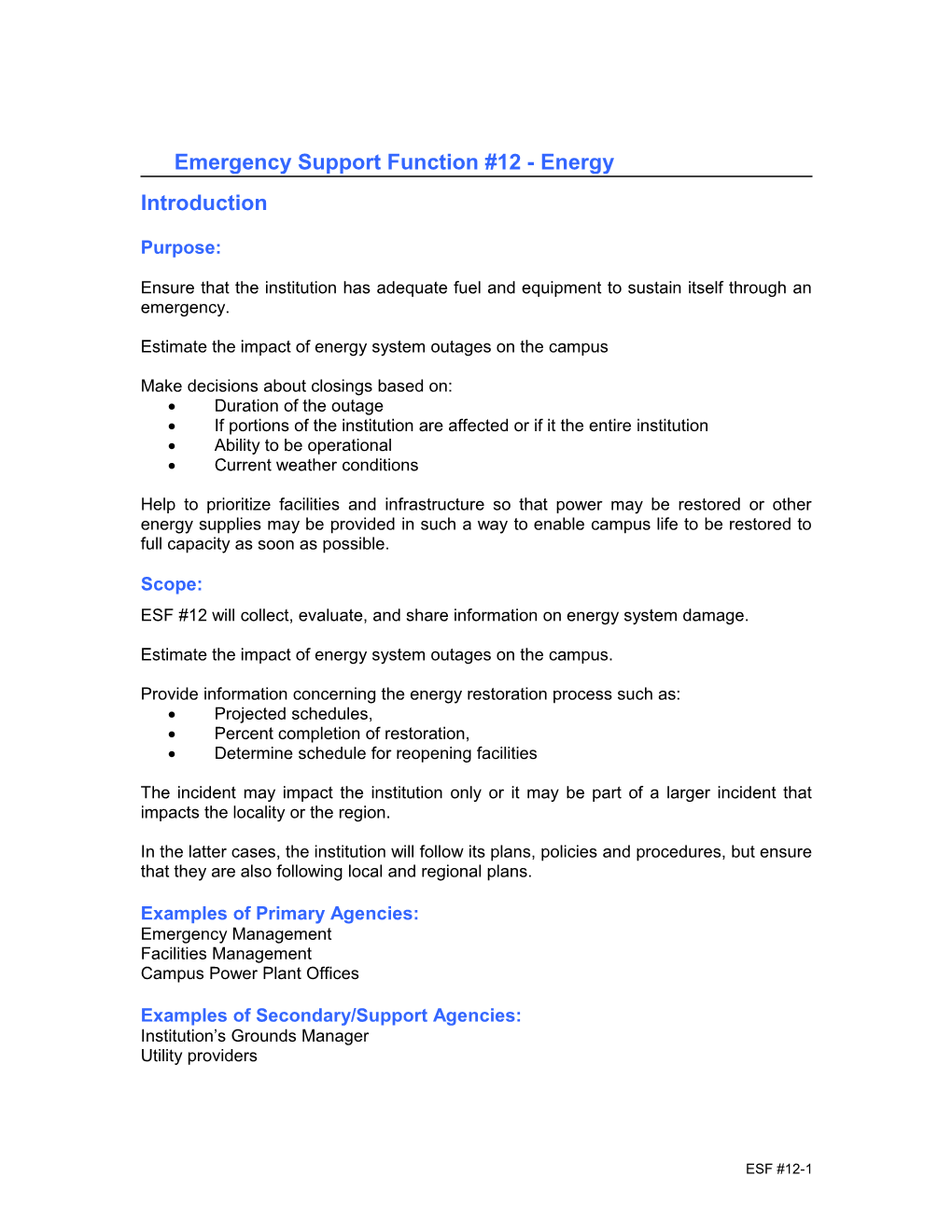 Emergency Support Function #12 - Energy