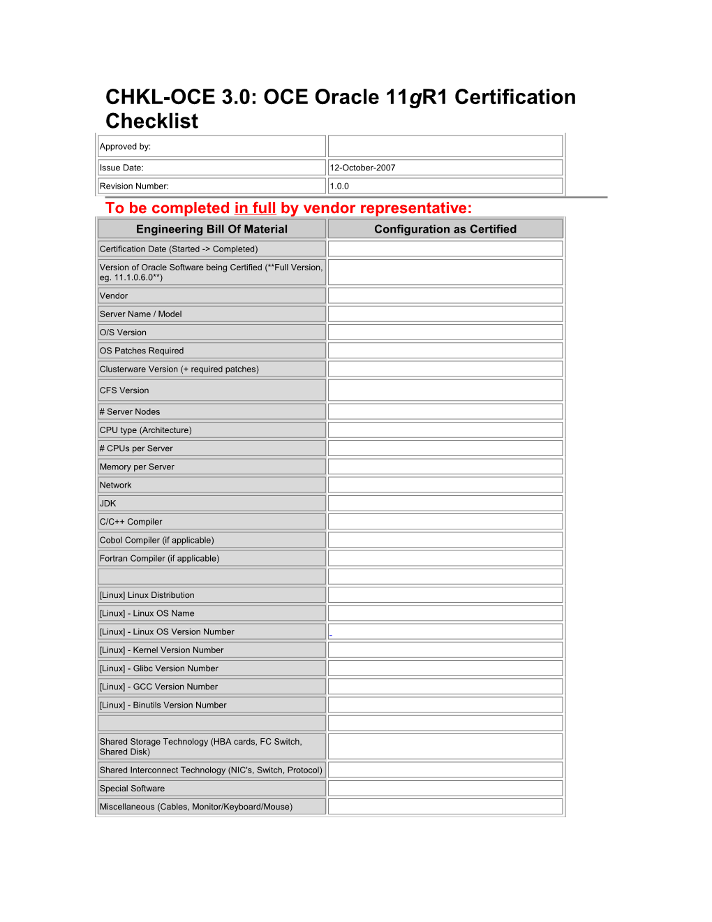 OCE 1.0: Certification Kit Checklist for Oracle10g RAC