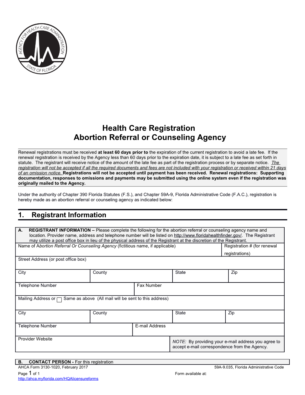 AHCA Form 3130-1020, February 2017 59A-9.035, Florida Administrative Code