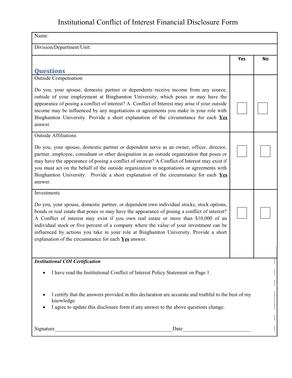 Institutional Conflict of Interest Financial Disclosure Form