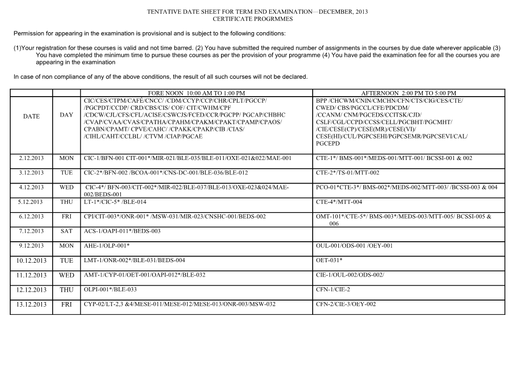 Tentative Date Sheet for Term End Examination December, 2013