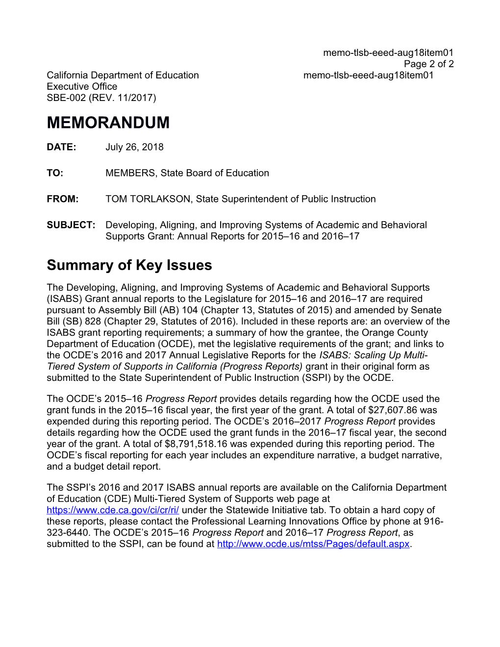 August 2018 Memo TLSB EEED Item 01 - Information Memorandum (CA State Board of Education)