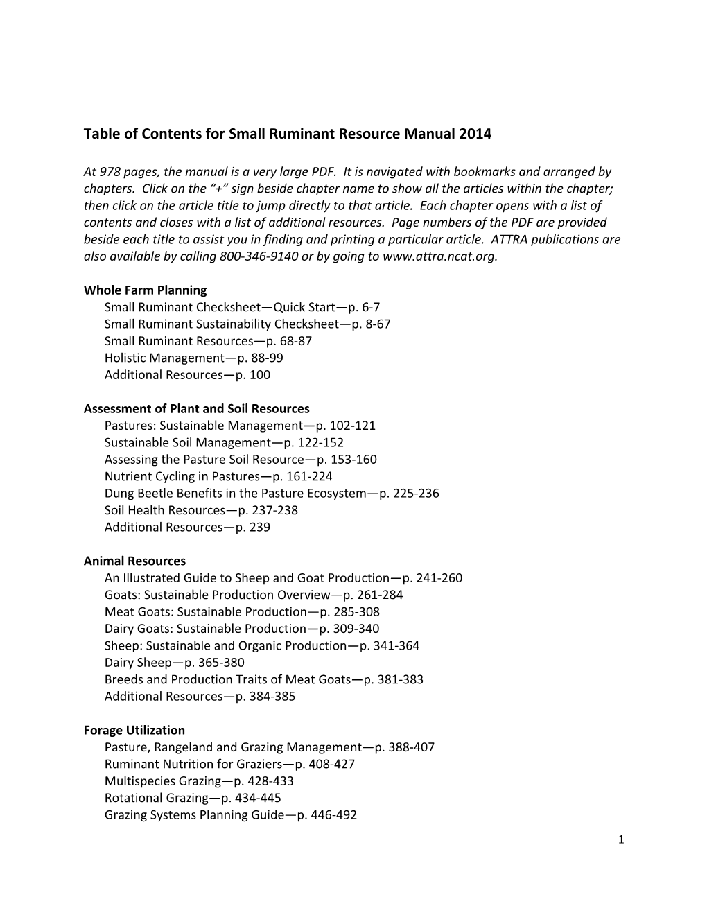 Table of Contents for Small Ruminant Resource Manual 2014