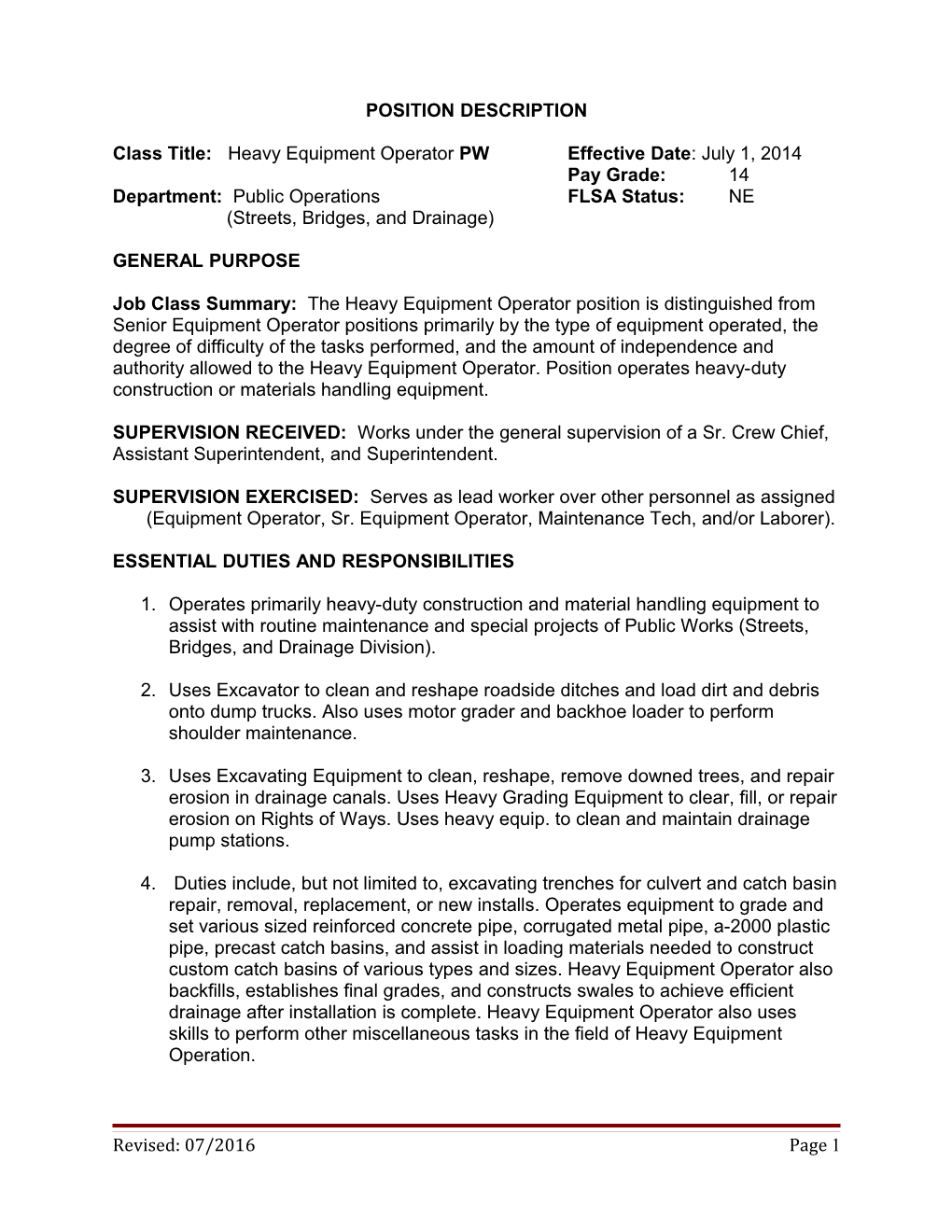 Position Description Heavy Equipment Operator Public Works