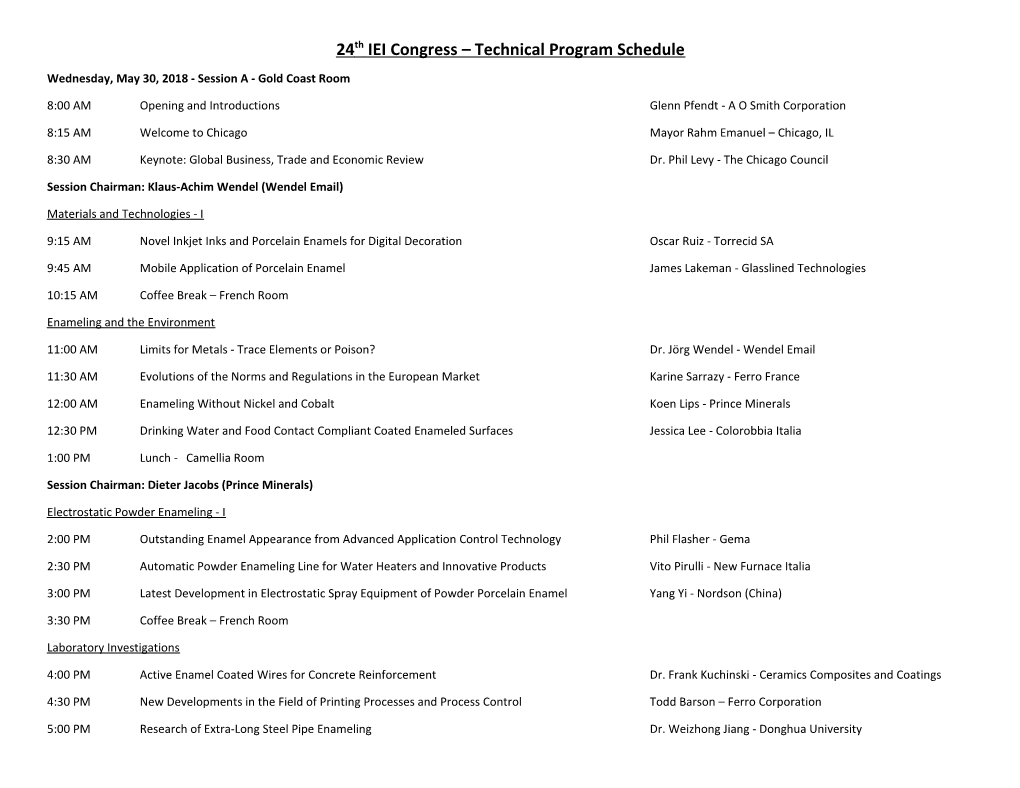 24Th IEI Congress Technical Program Schedule