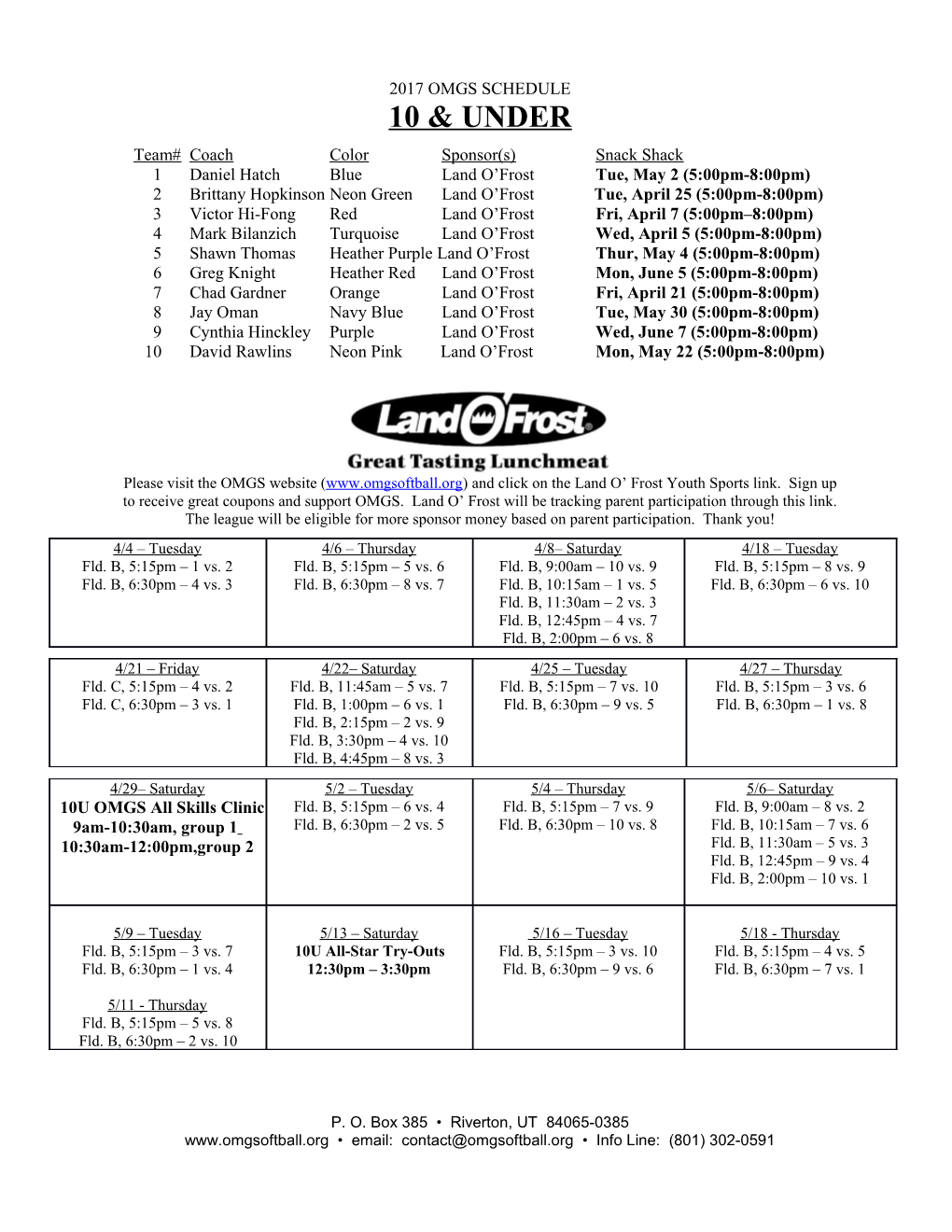 2004 OMGS Coach & Player Calendar / Information