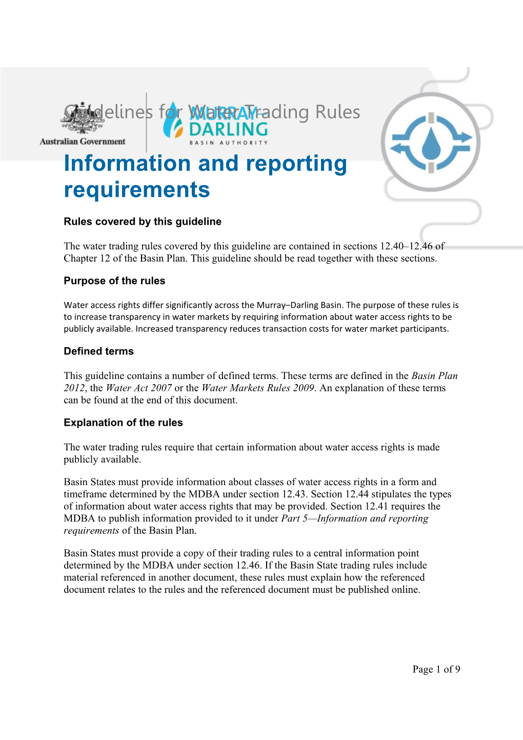 Water Trading Guidelines - Information and Reporting Requirements