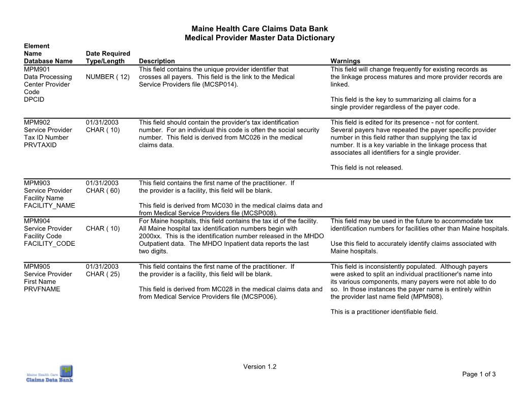 Maine Health Care Claims Data Bank s1