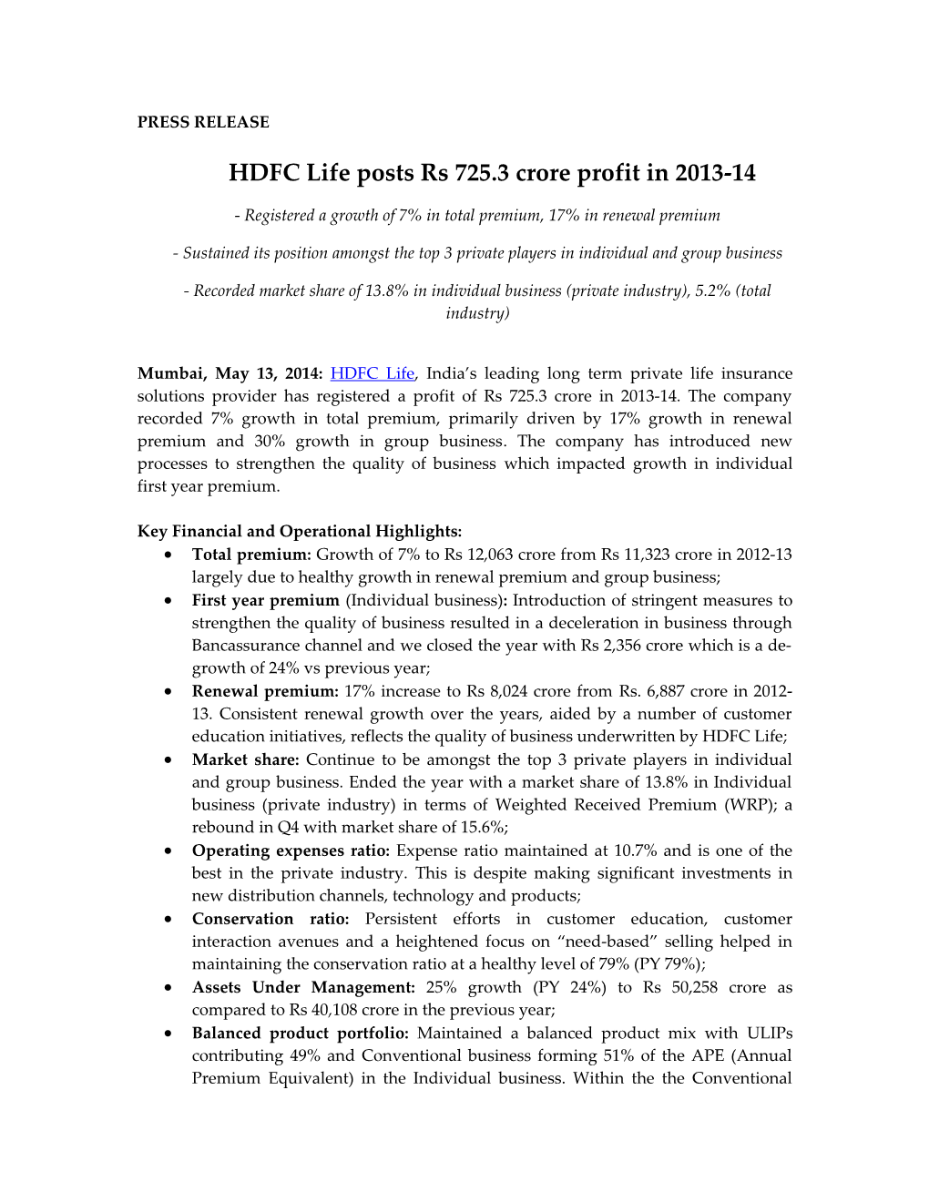 HDFC Life Posts Rs 725.3 Crore Profit in 2013-14