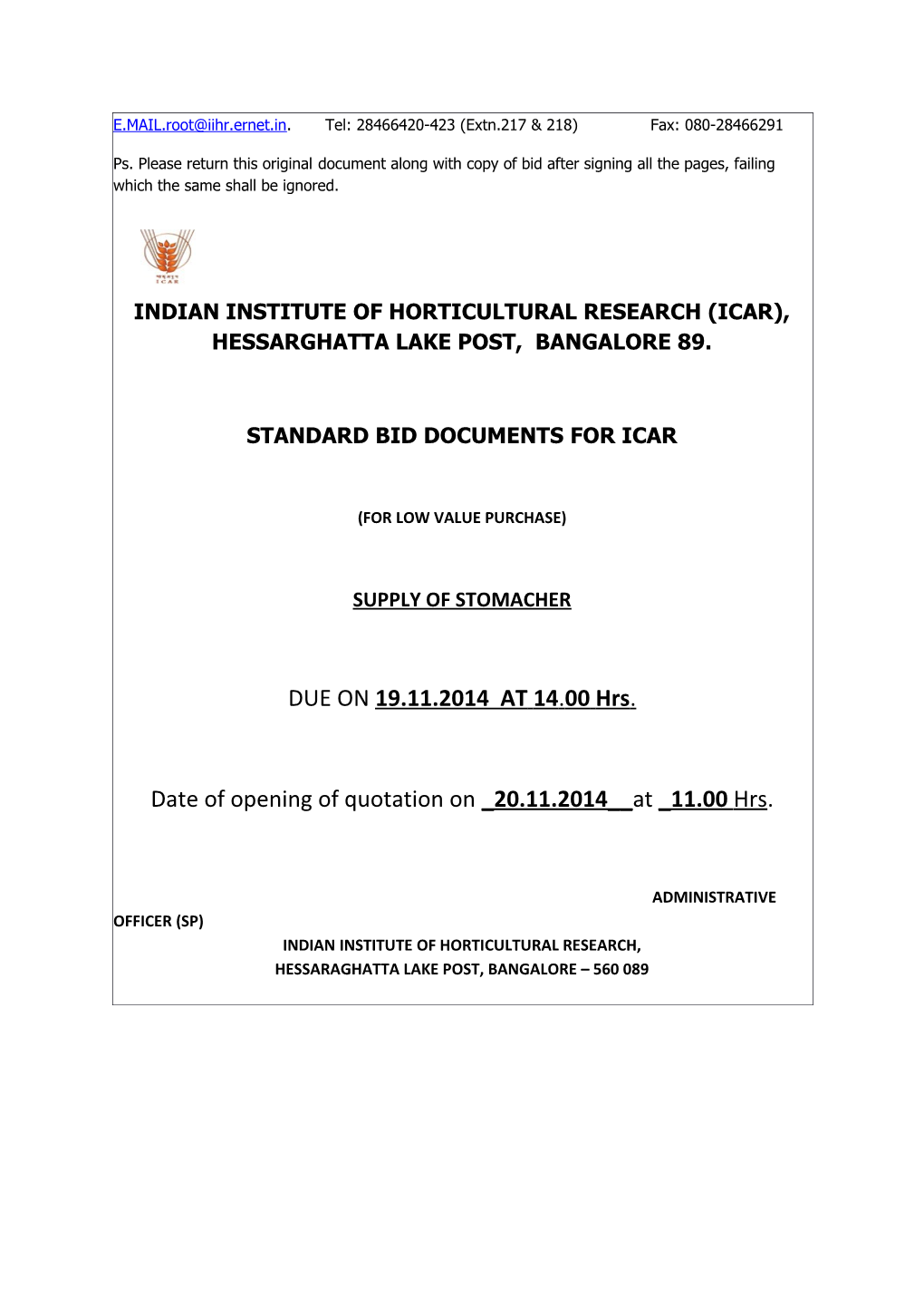 Indian Institute of Horticultural Research (Icar), Hessarghatta Lake Post, Bangalore 89