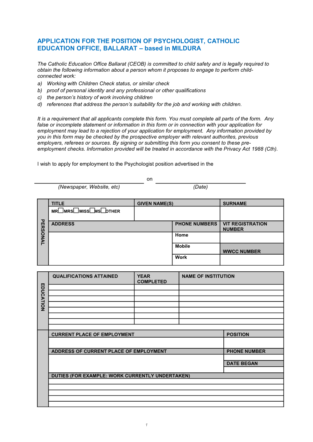 Application for Employment Teaching Position