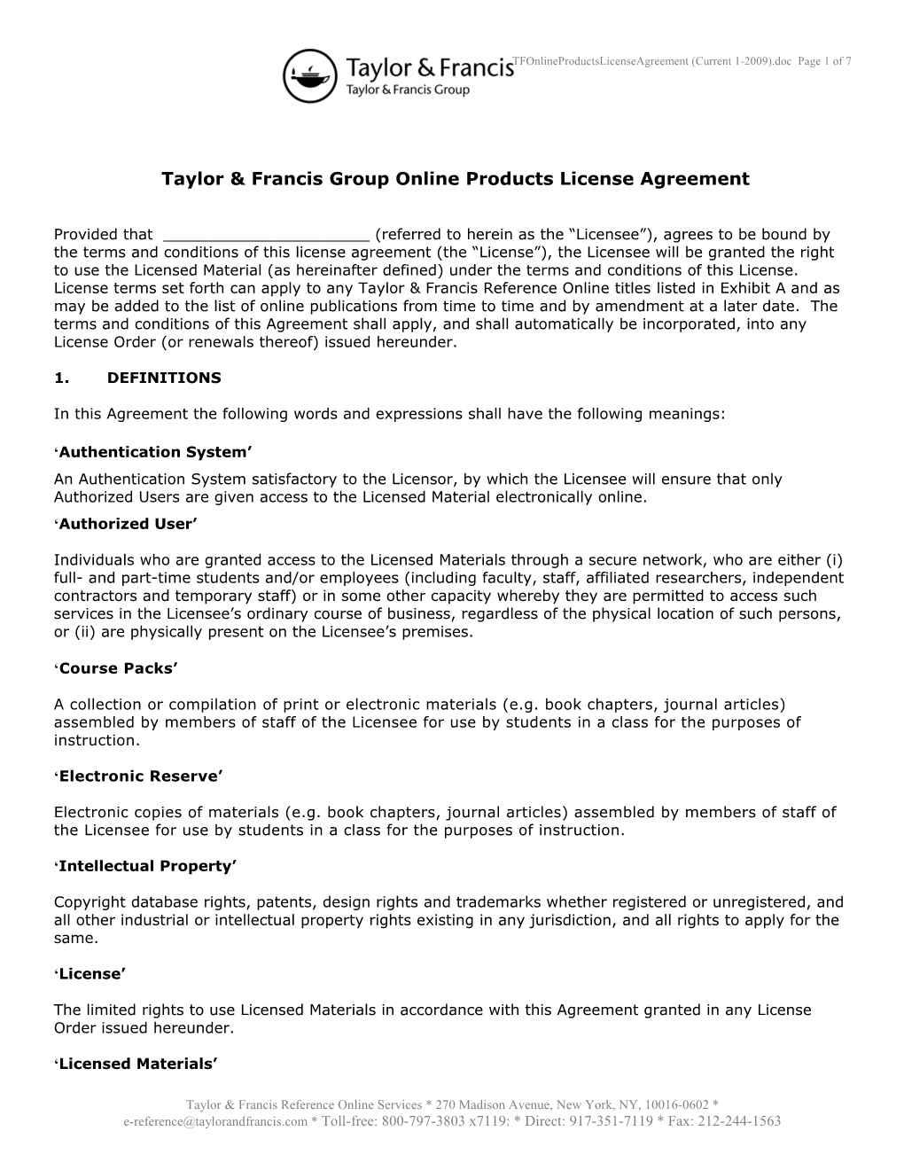 Online Products License Agreement