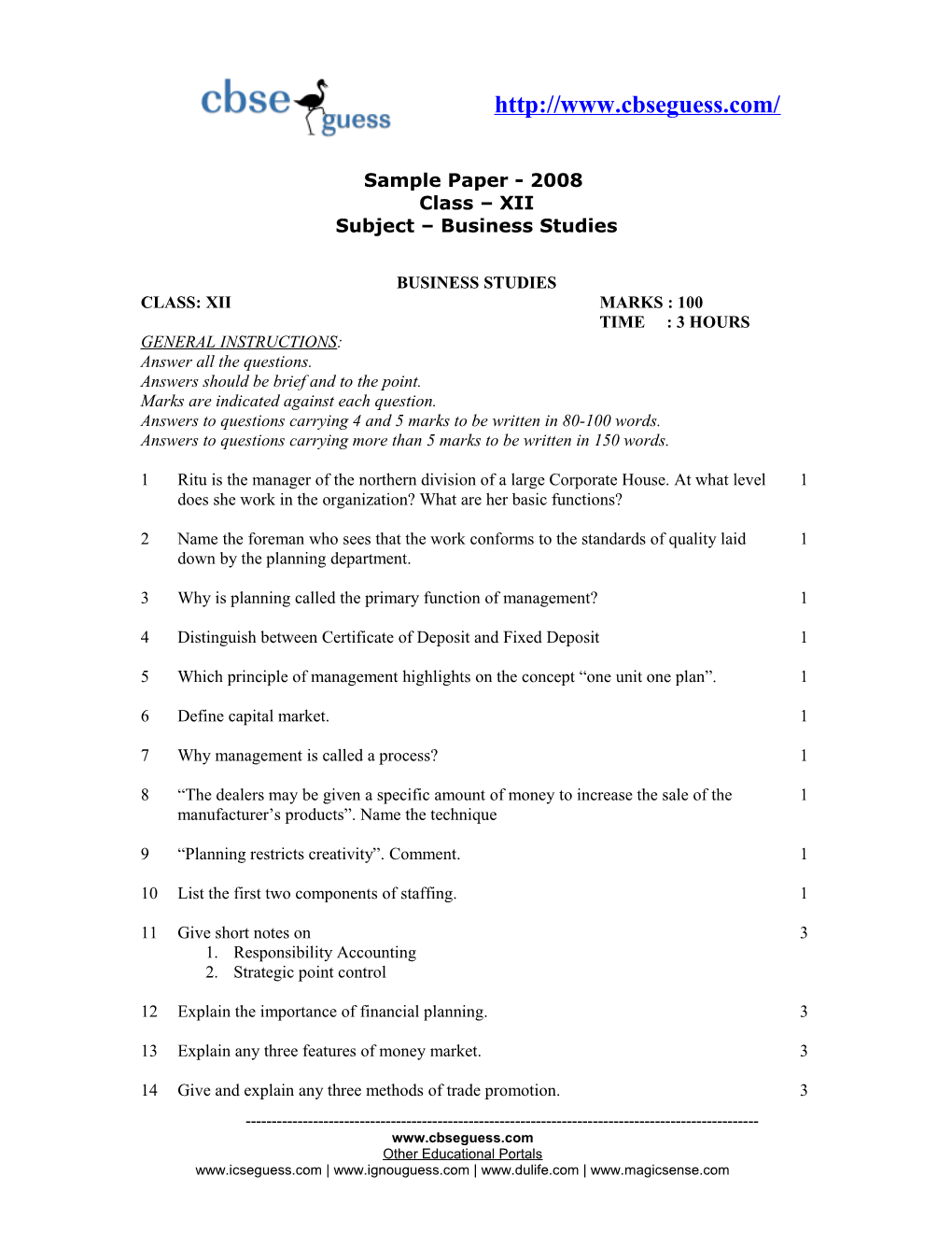 Sample Paper - 2008 Class XII Subject Business Studies
