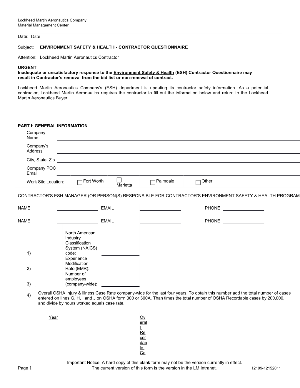 Subject: ENVIRONMENT SAFETY & HEALTH - CONTRACTOR QUESTIONNAIRE