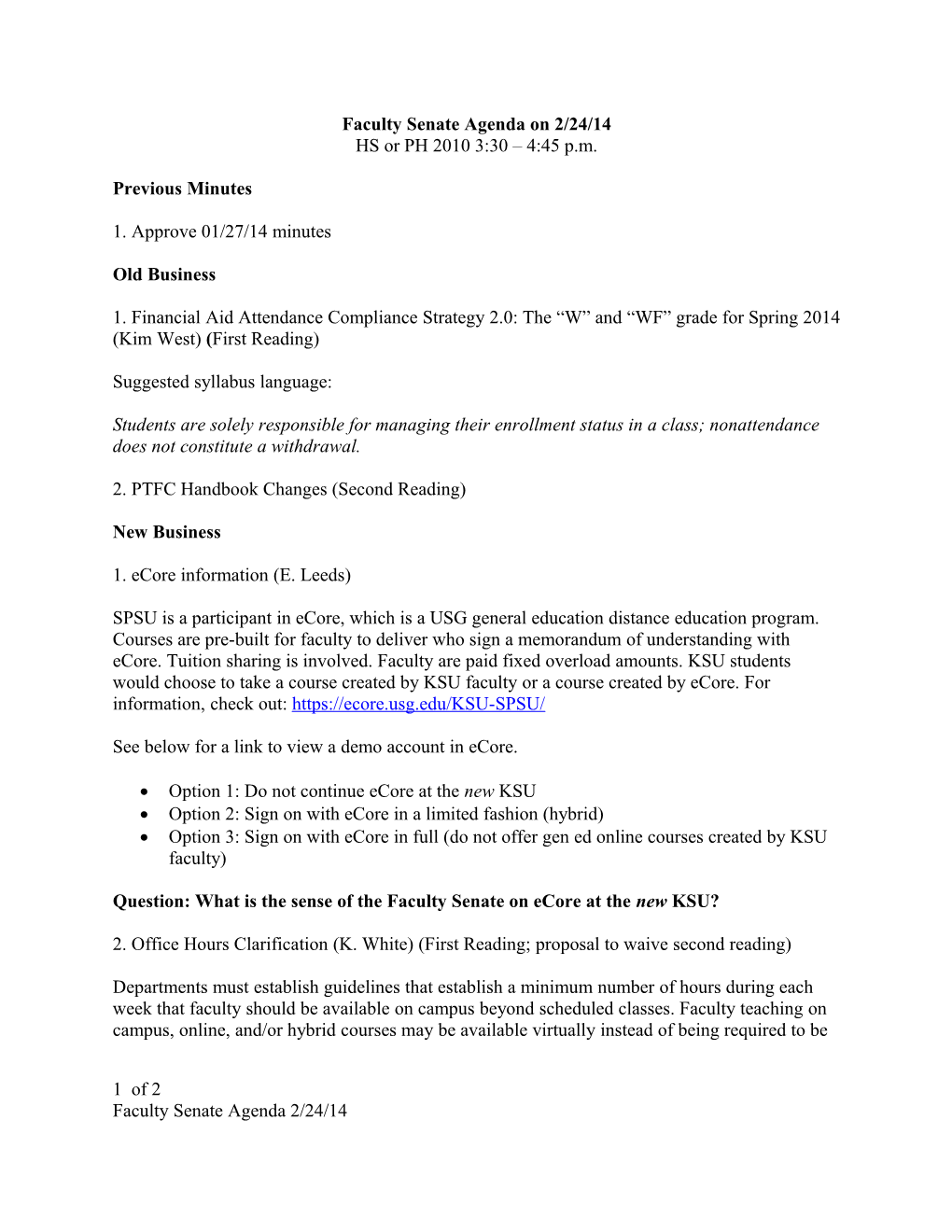 Faculty Senate Agenda on 2/24/14