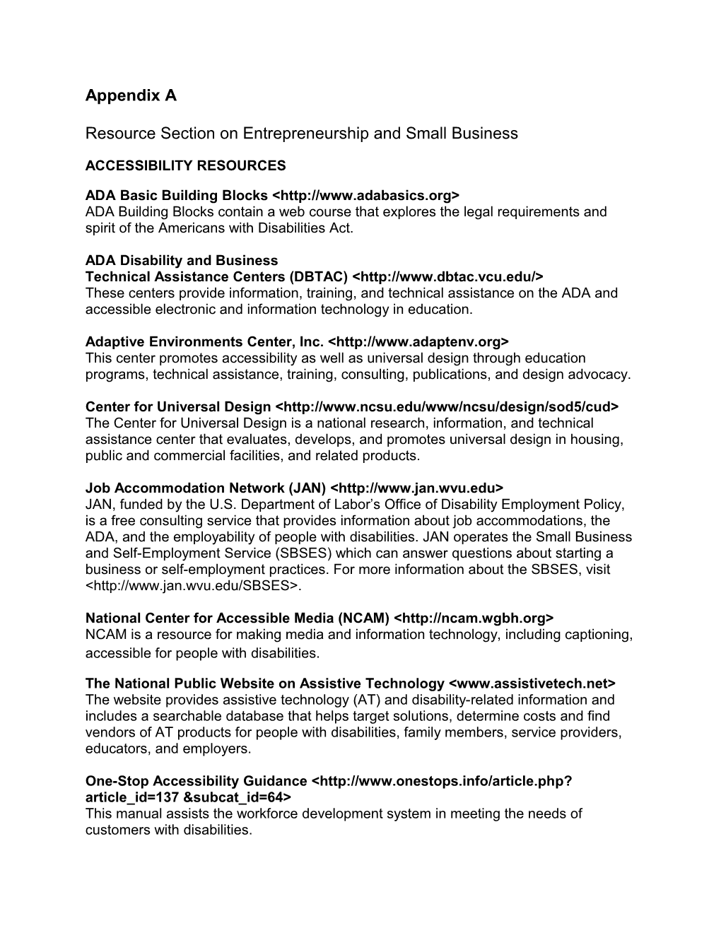 Resource Section on Entrepreneurship and Small Business
