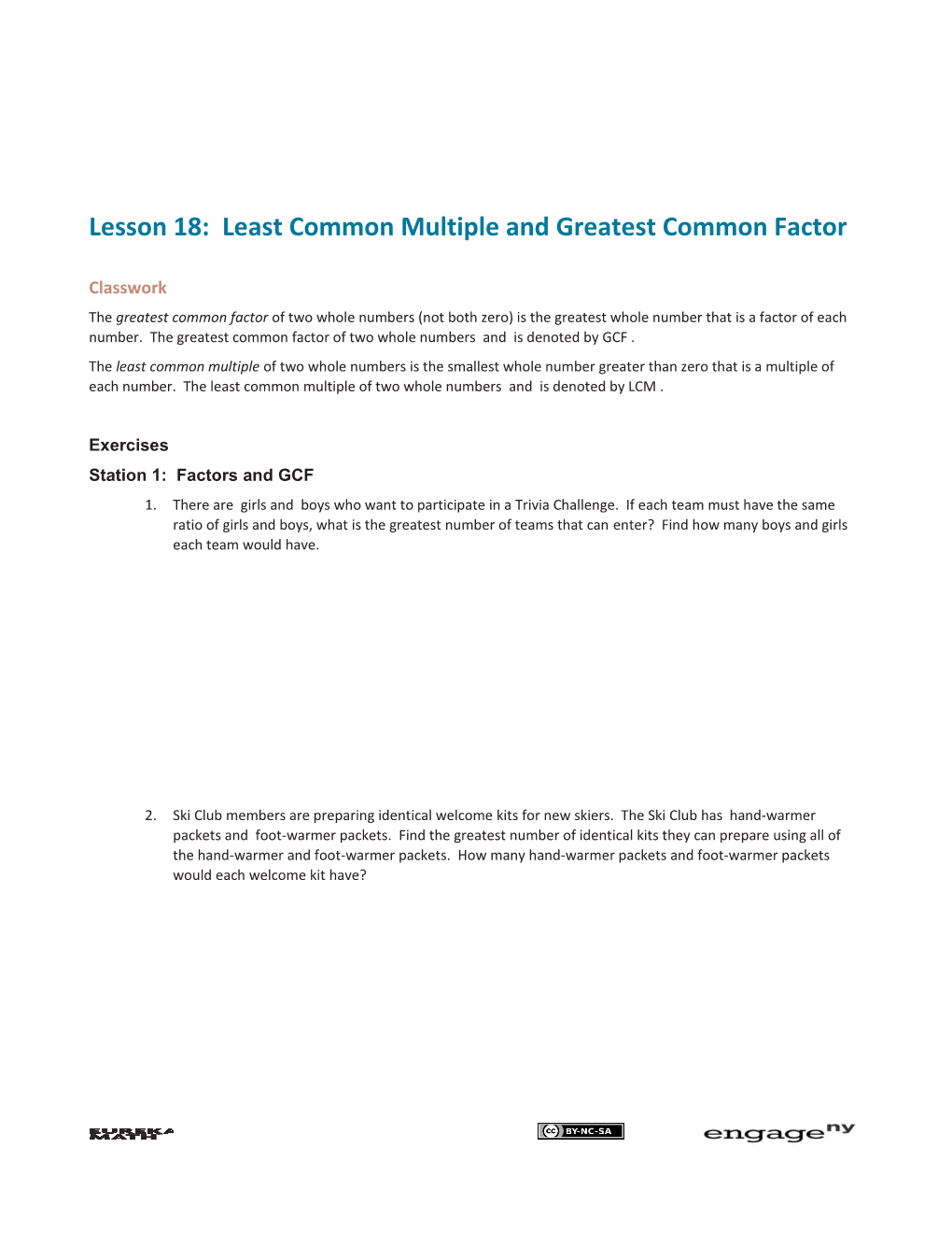 Lesson 18: Least Common Multiple and Greatest Common Factor