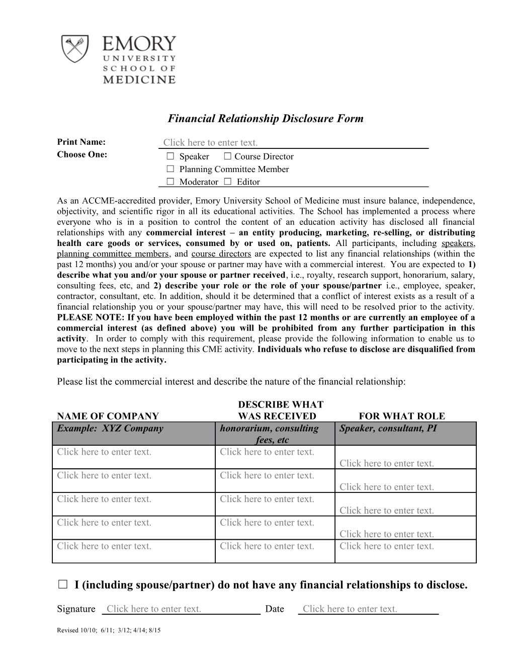 Financial Relationship Disclosure Form