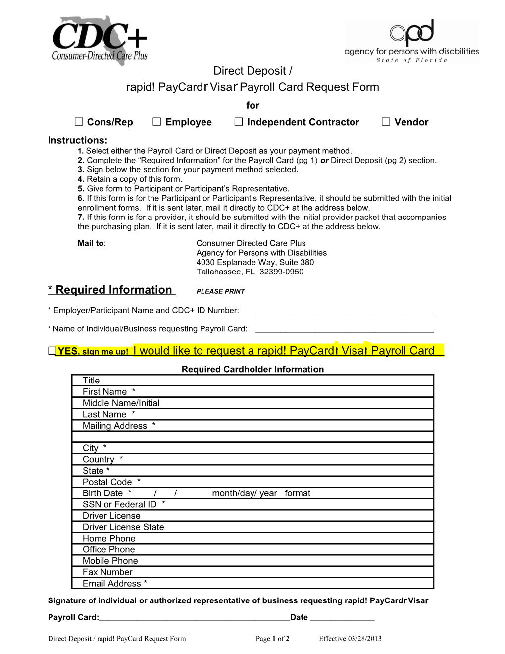 Rapid! Paycardr Visar Payroll Card Request Form