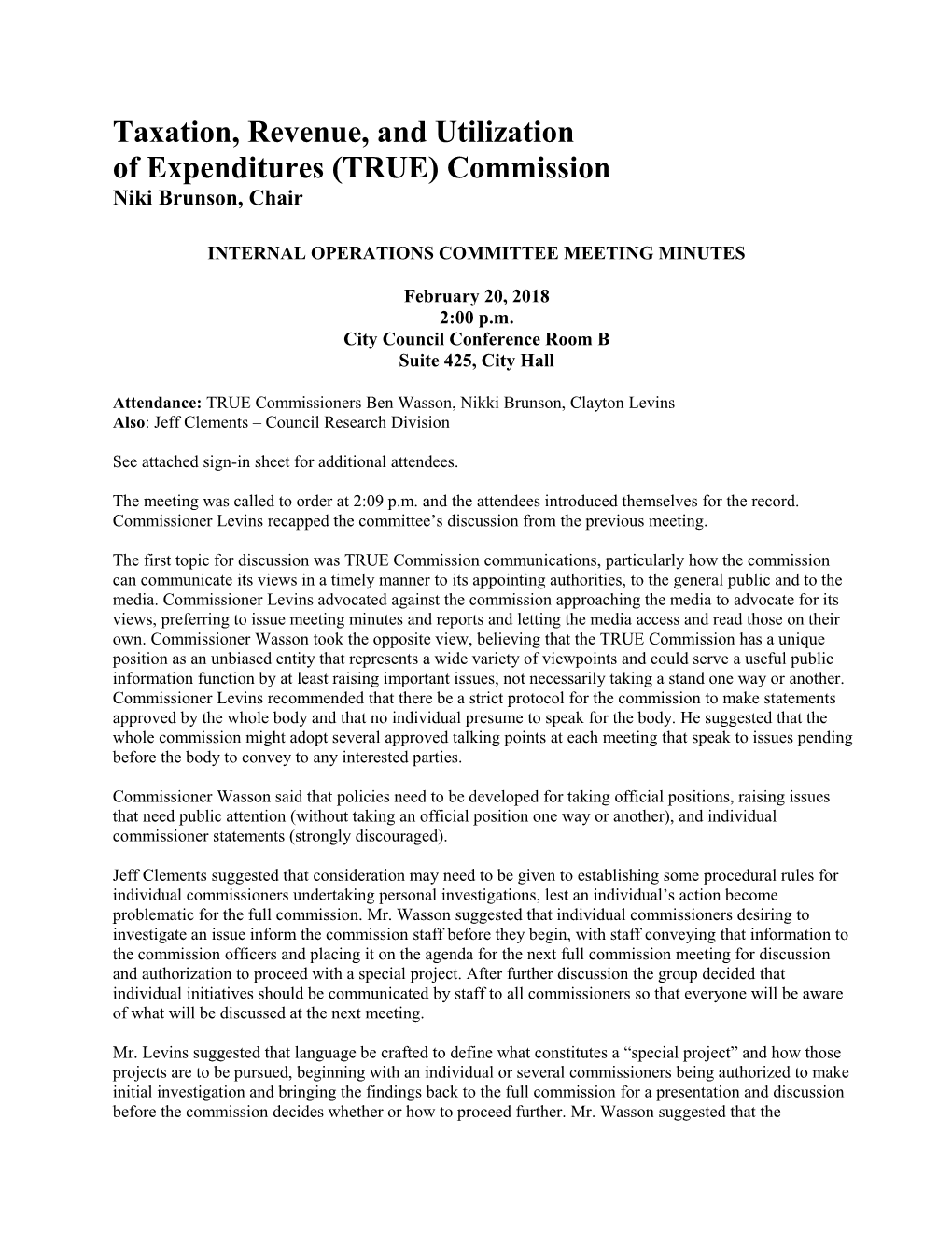 Internal Operations Committee Meeting Minutes