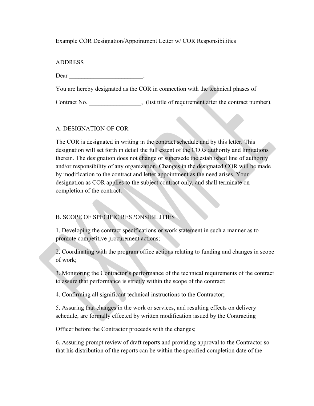 Sample COR Appointment Letter