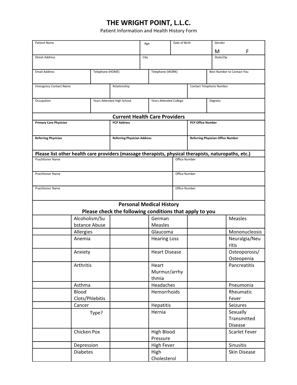 The Wright Point, LLC Patient Information & Health History Form