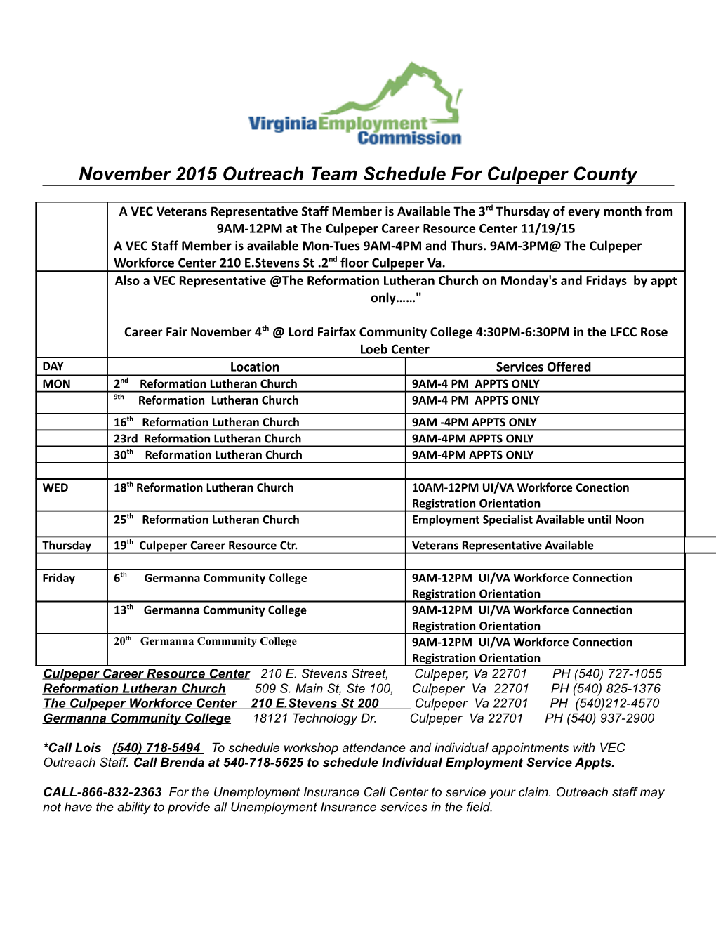 November 2015 Outreach Team Schedule for Culpeper County