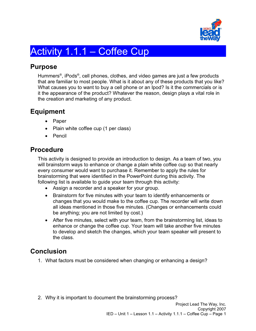 Activity 1.1.1: Coffee Cup