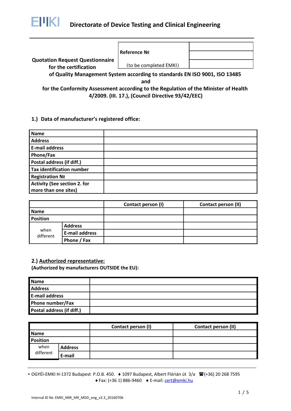 Quotation Request Questionnaire for the Certification