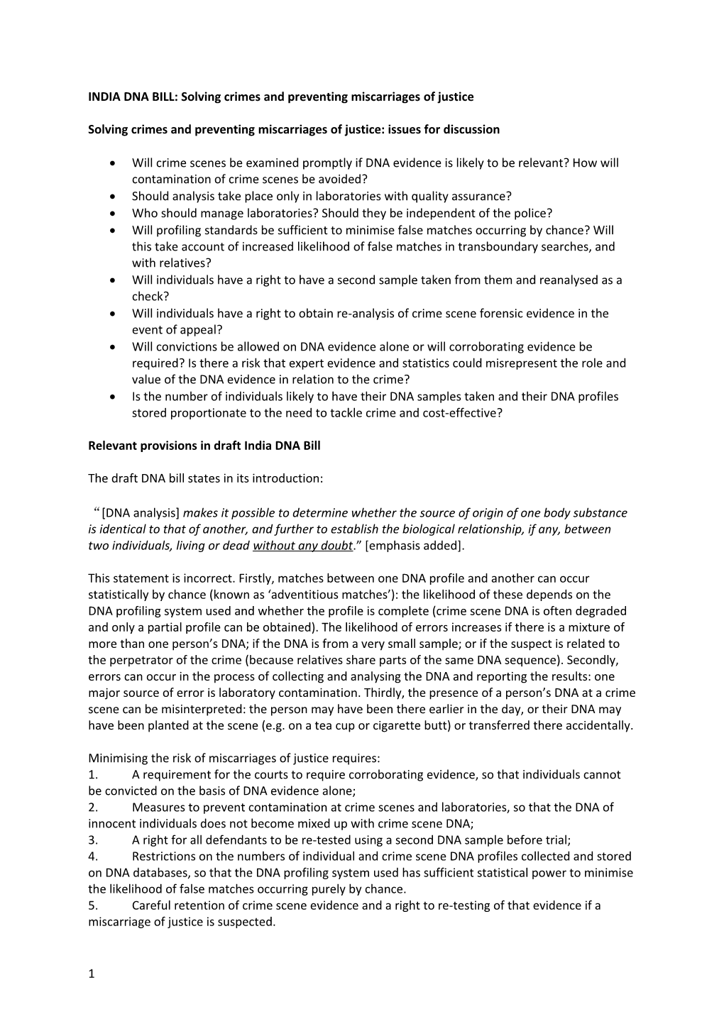 INDIA DNA BILL: Solving Crimes and Preventing Miscarriages of Justice