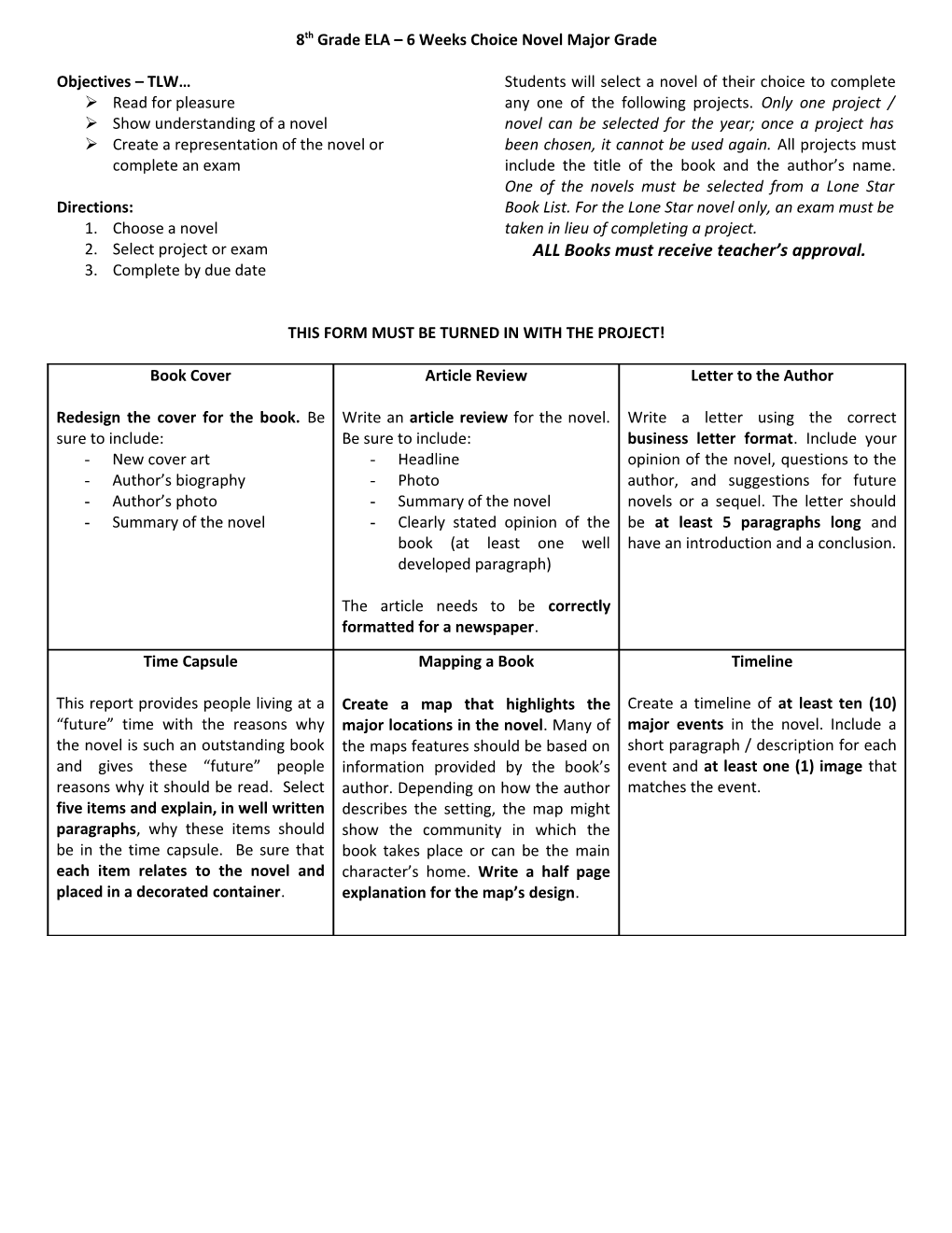 7Th Grade Pre-AP ELA 6 Weeks Book Project