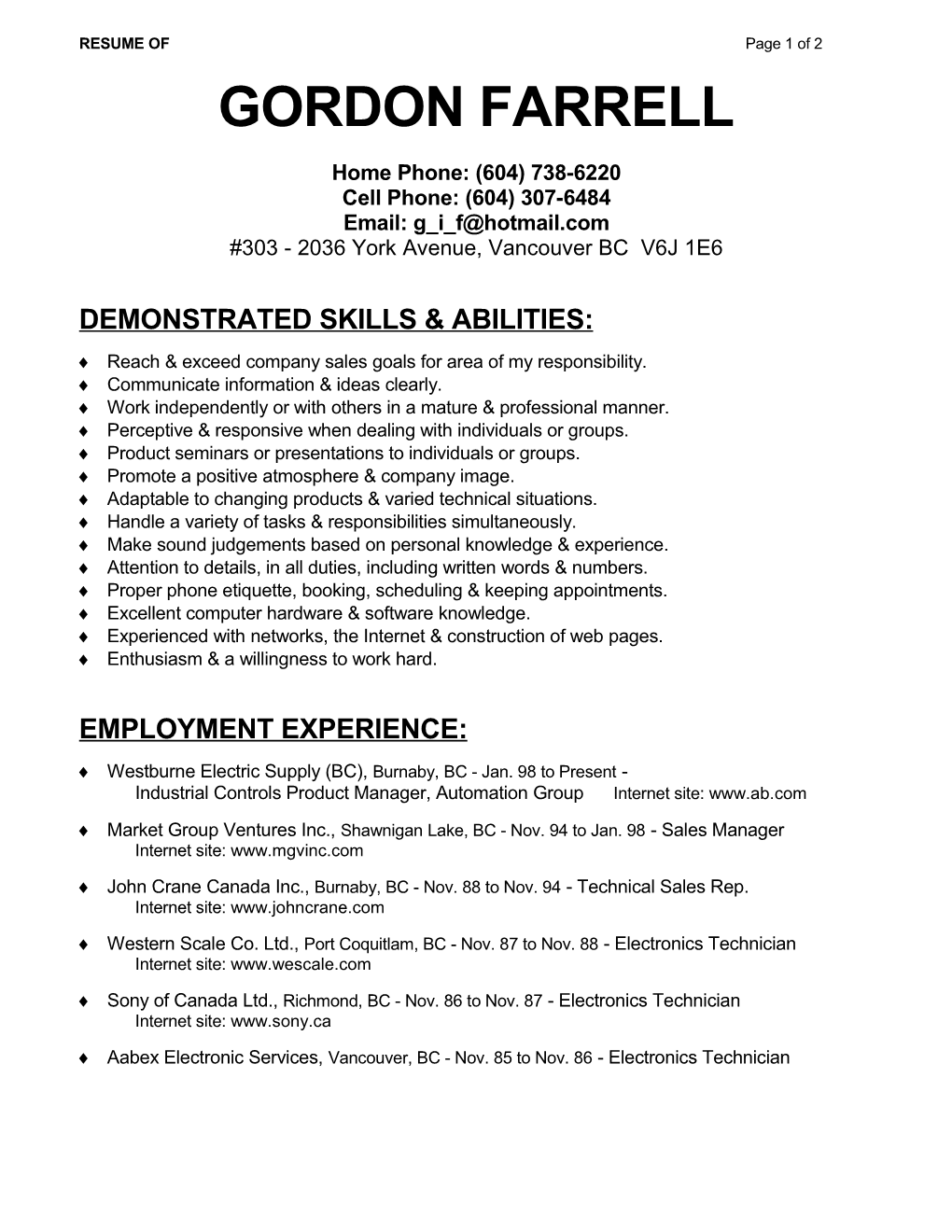 RESUME of Page 1 of 2