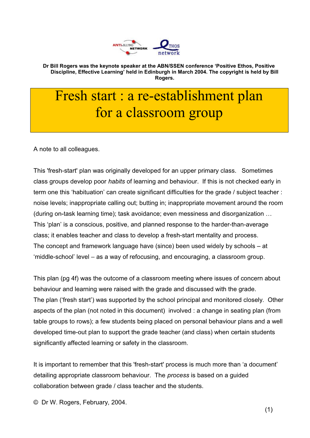 Fresh Start : a Re-Establishment Plan