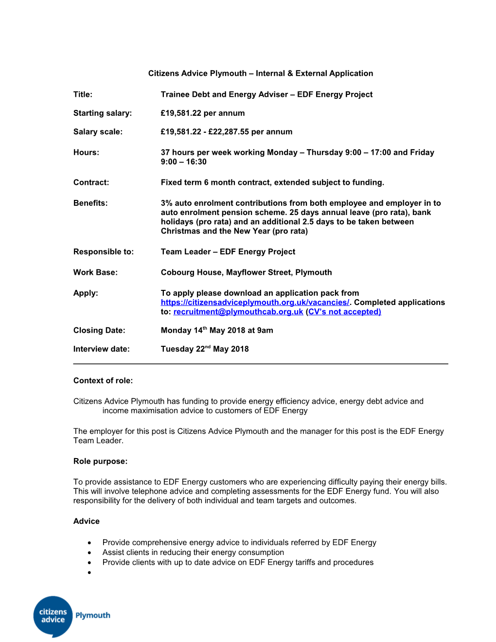 Specialist Adviser and Caseworker Job Description and Person Specification