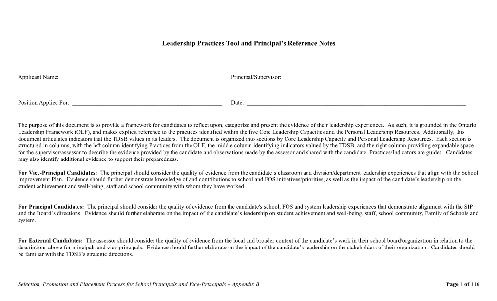 Leadership Practices Tool and Principal S Reference Notes