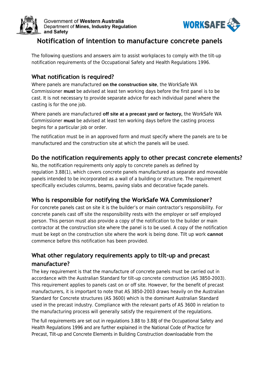 Notification of Intention to Manufacture Concrete Panels