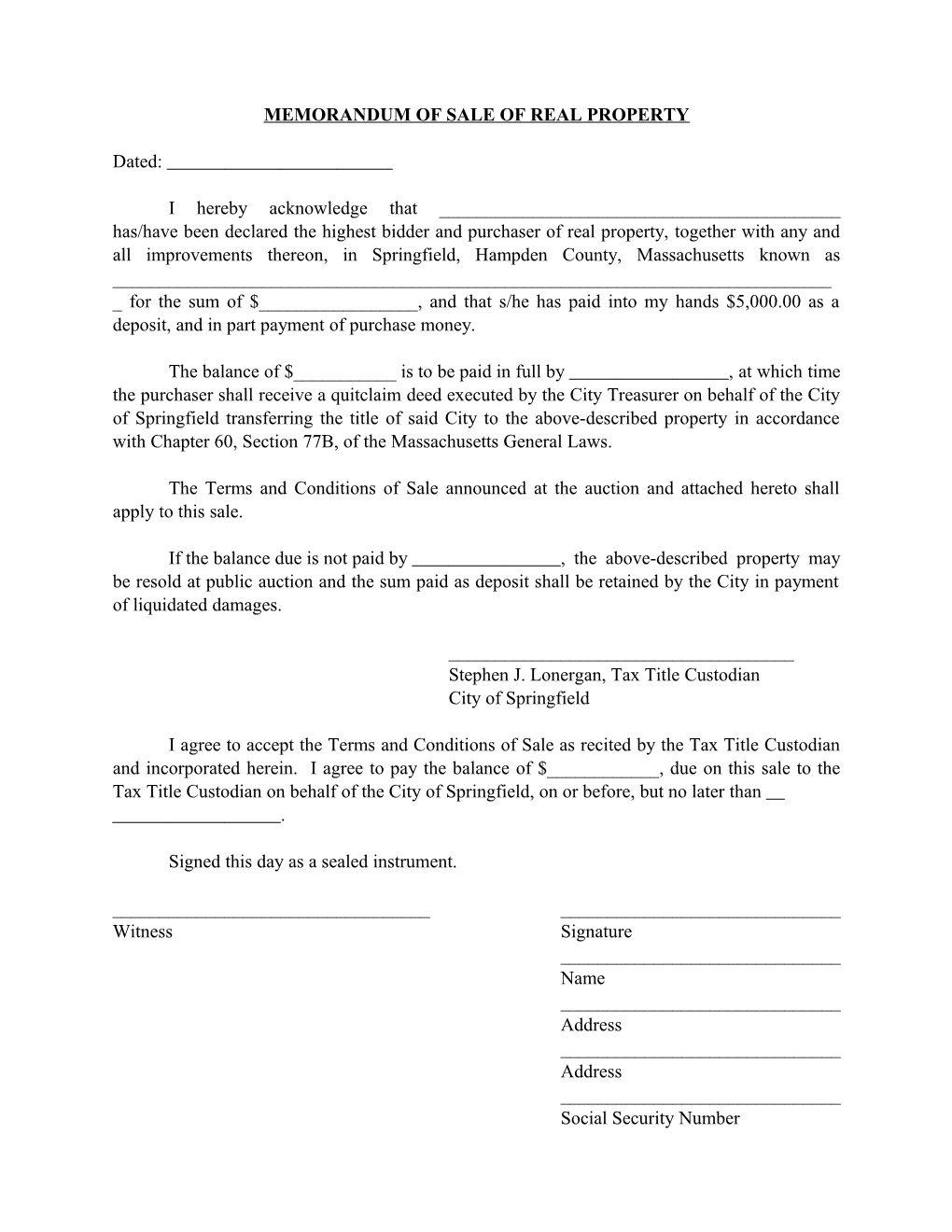 Memorandum of Sale of Real Property