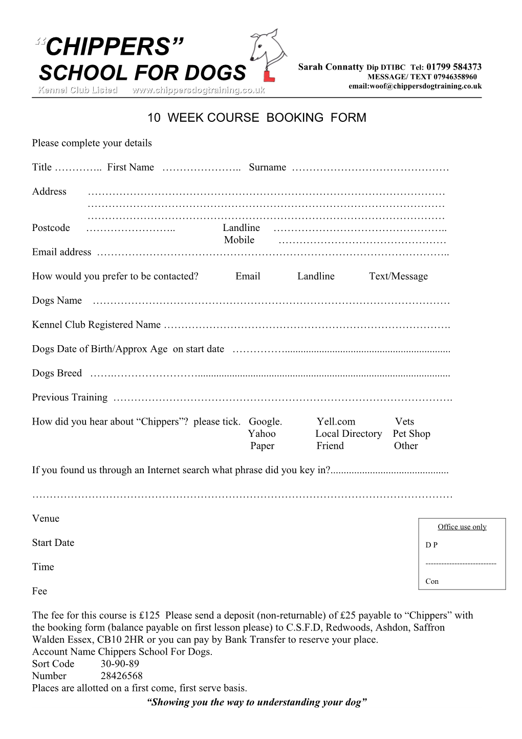 10 Week Course Booking Form