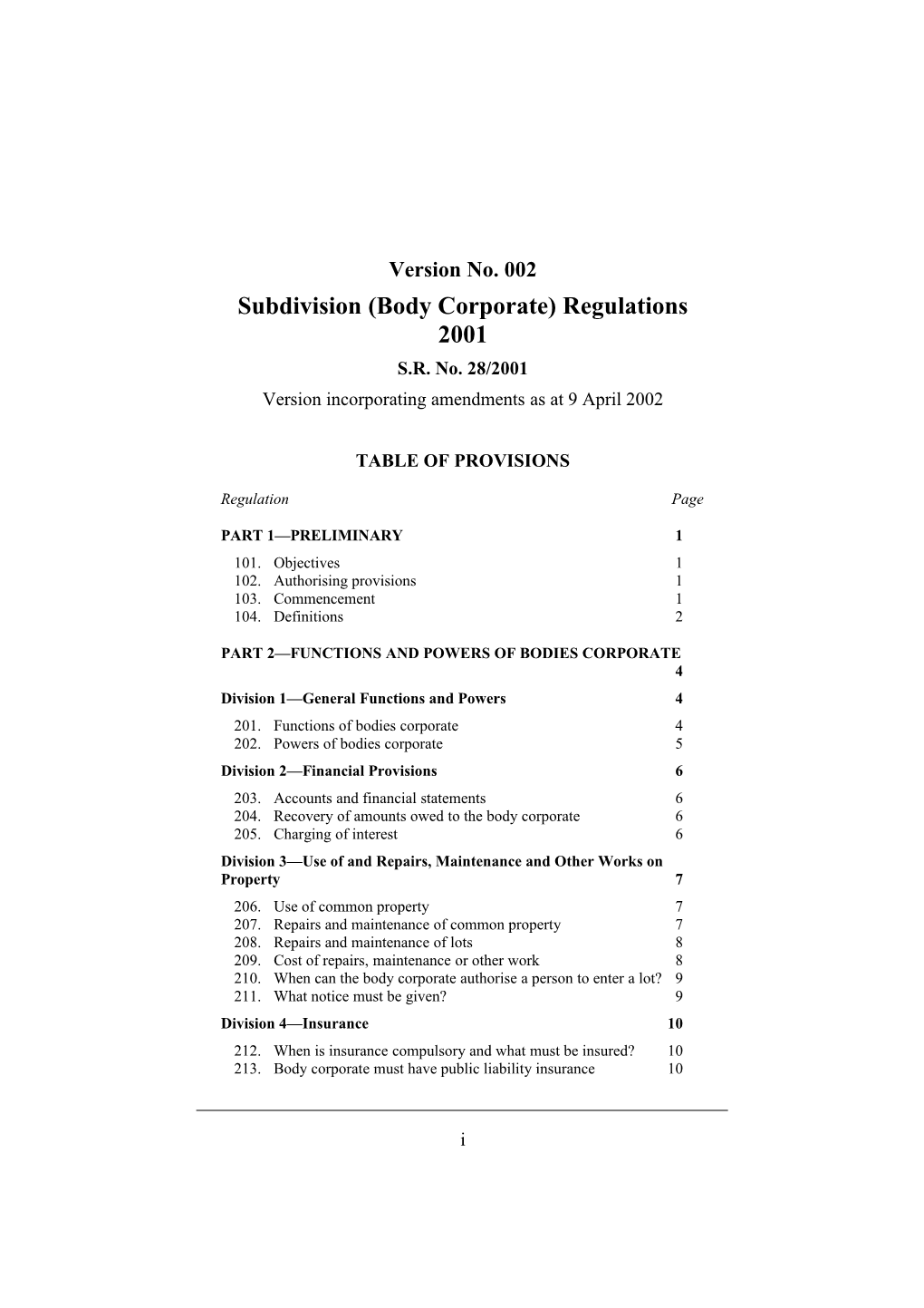 Subdivision (Body Corporate) Regulations 2001