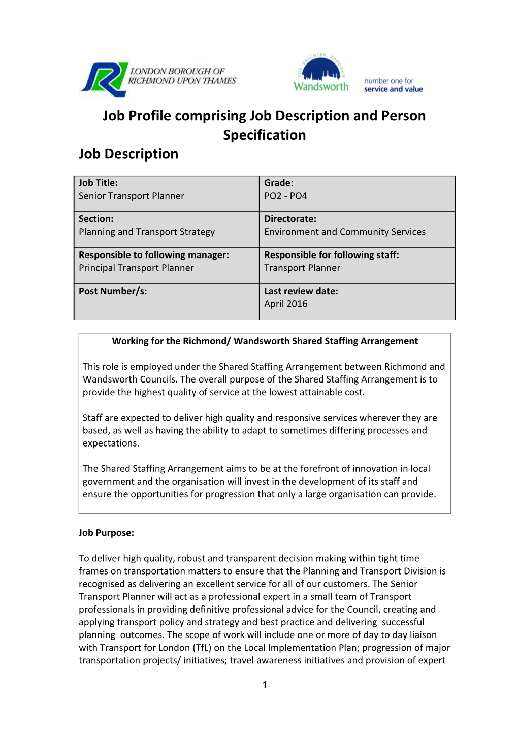 Job Profile Comprising Job Description and Person Specification