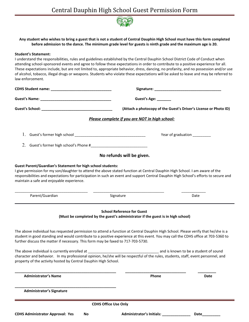 Central Dauphin High School Guest Permission Form