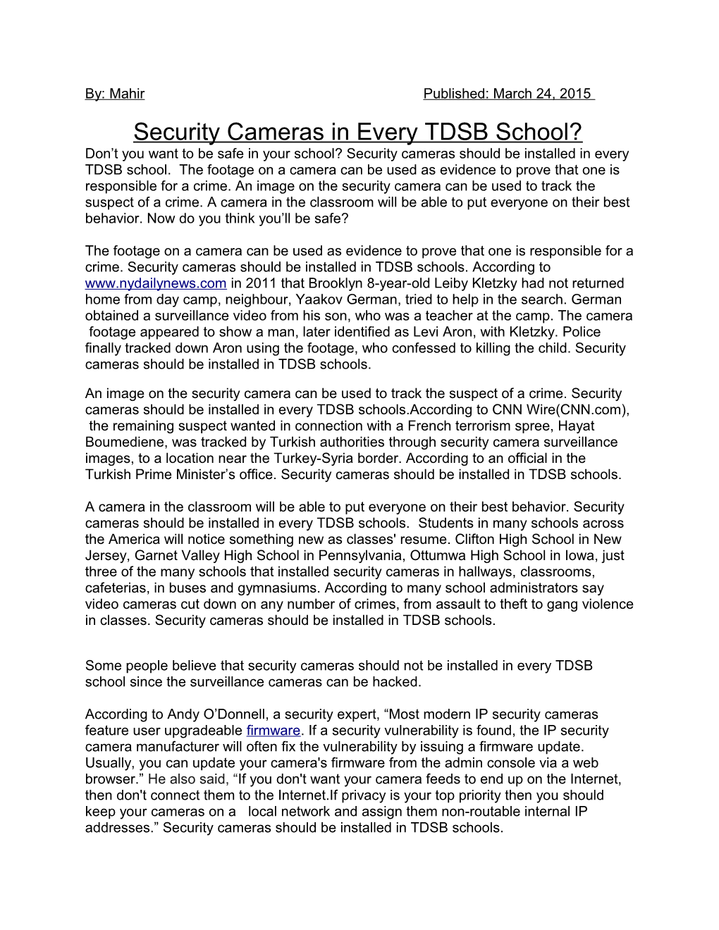 Security Cameras in Every TDSB School?